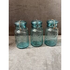 Vintage 1923-1933 BALL IDEAL BLUE QUART Canning Jars Set Of 3 W/wire Bail & Lid